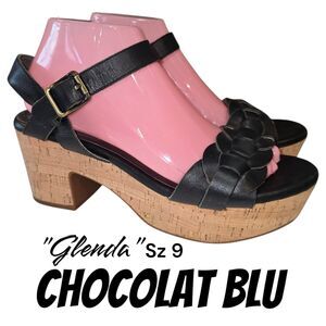 Chocolat Blu Sz 9 Glenda Black Buckle Boho Indie Chunky Platform Heel Sandals